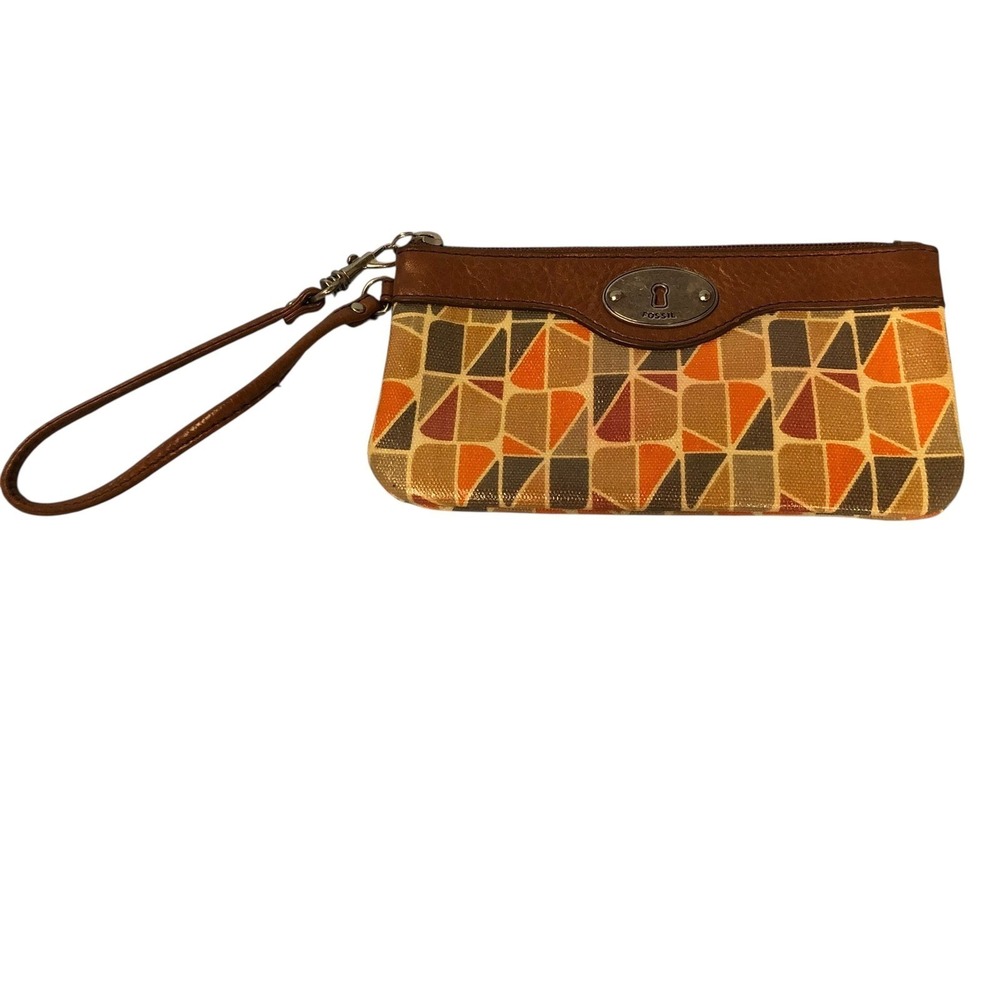 Fossil Wristlet Pouch Geometric Print Leather Trim Zip‎ Top Clutch